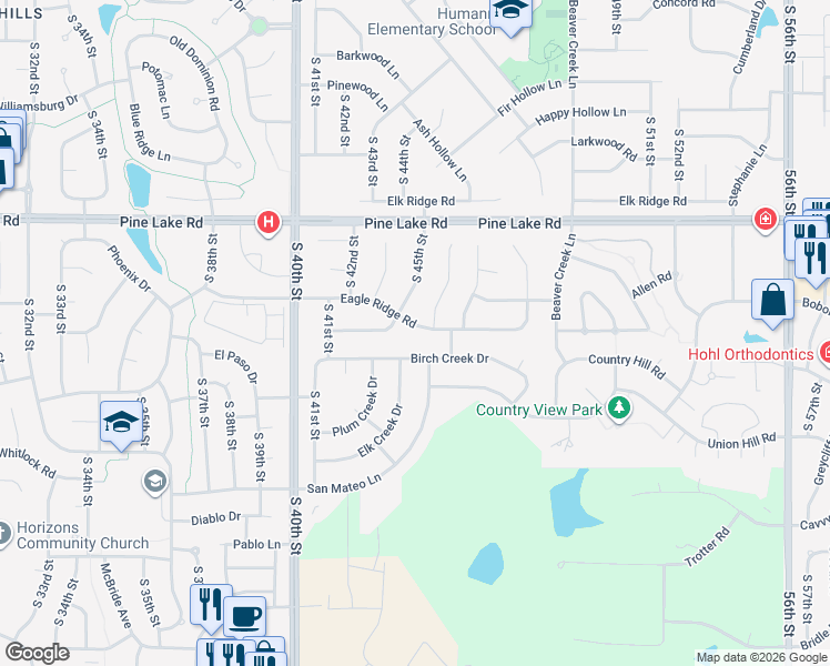 map of restaurants, bars, coffee shops, grocery stores, and more near 4421 Birch Creek Drive in Lincoln