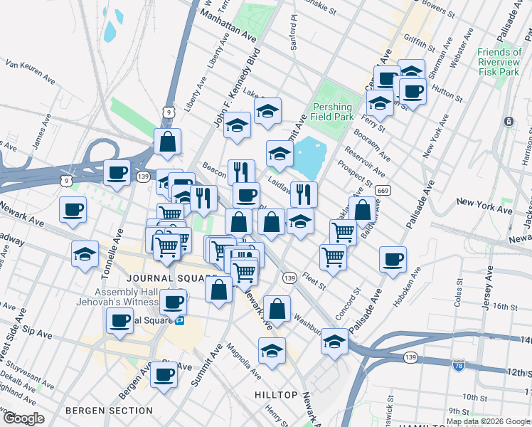 map of restaurants, bars, coffee shops, grocery stores, and more near 157 Saint Pauls Avenue in Jersey City