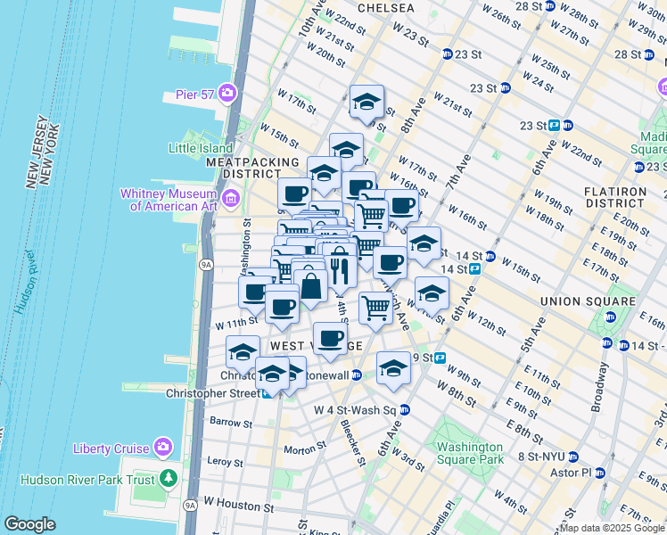 map of restaurants, bars, coffee shops, grocery stores, and more near W 12th St & West 4th Street in New York