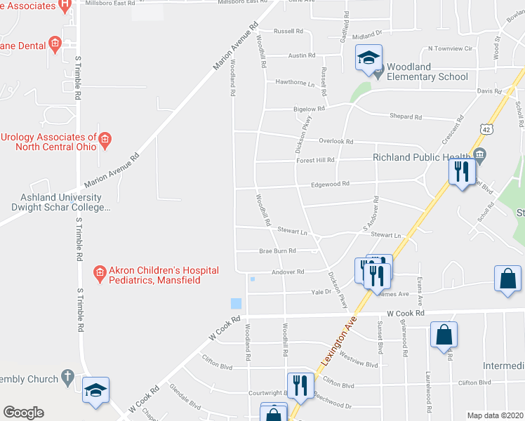 map of restaurants, bars, coffee shops, grocery stores, and more near 777 Woodhill Road in Mansfield