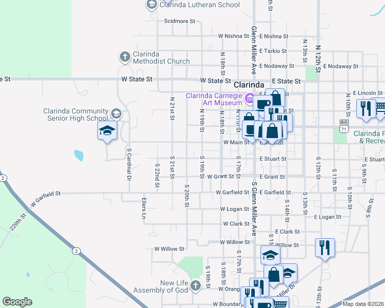map of restaurants, bars, coffee shops, grocery stores, and more near 400-498 West Stuart Street in Clarinda