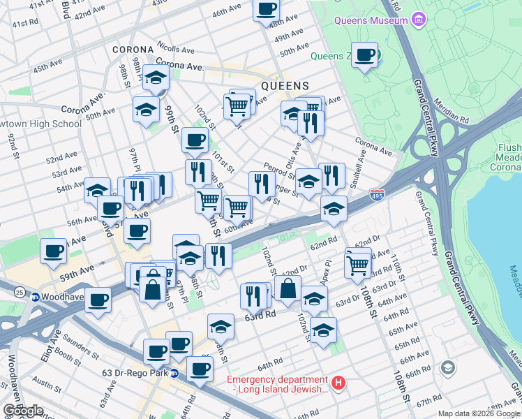 map of restaurants, bars, coffee shops, grocery stores, and more near 45 60th Avenue in Queens