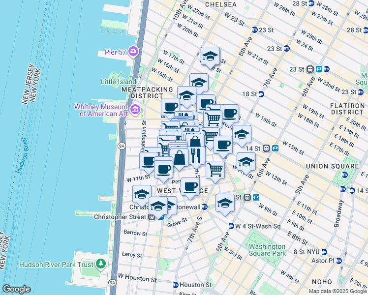 map of restaurants, bars, coffee shops, grocery stores, and more near West 12th Street in New York