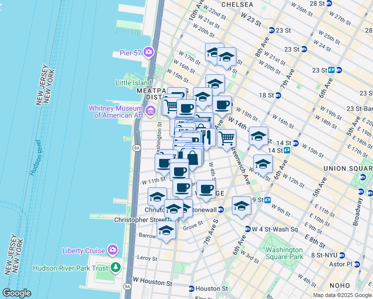 map of restaurants, bars, coffee shops, grocery stores, and more near Hudson St & W 12th St in New York