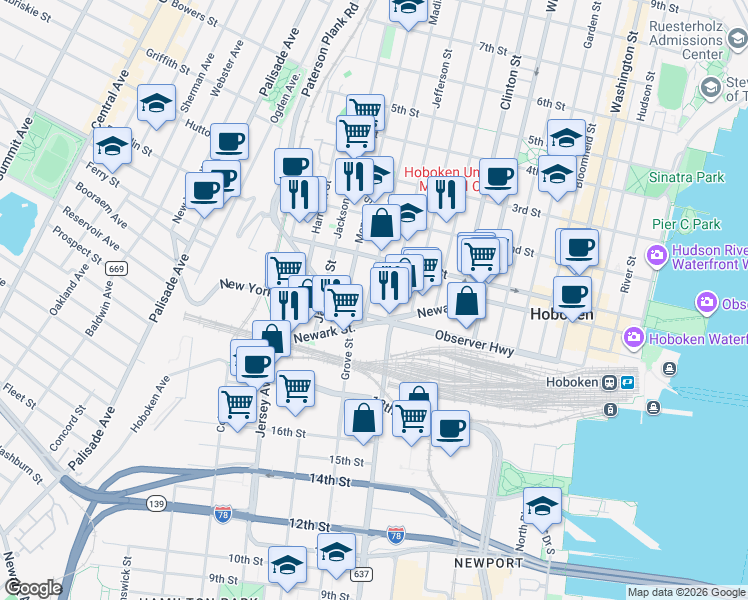map of restaurants, bars, coffee shops, grocery stores, and more near 65 Madison Street in Hoboken