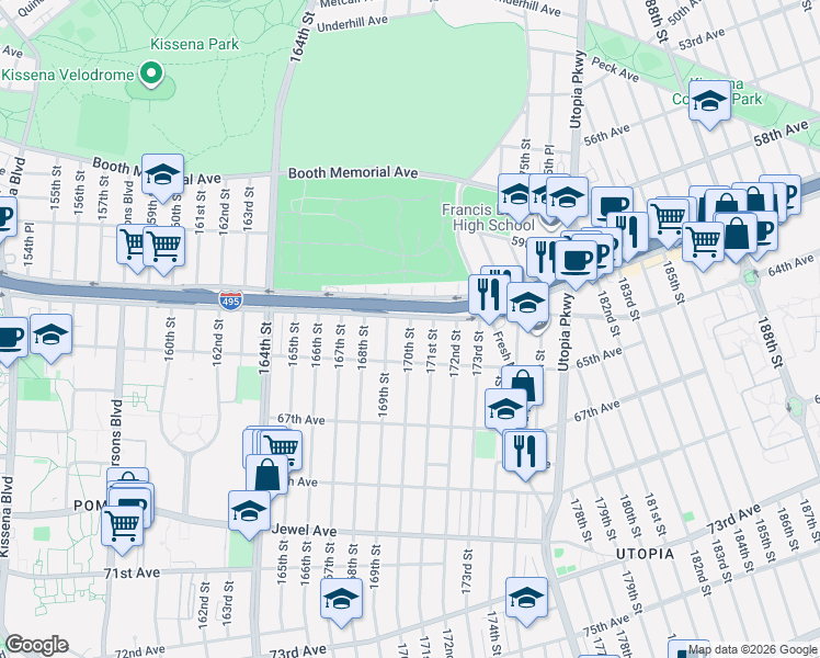 map of restaurants, bars, coffee shops, grocery stores, and more near 61-38 171st Street in Queens
