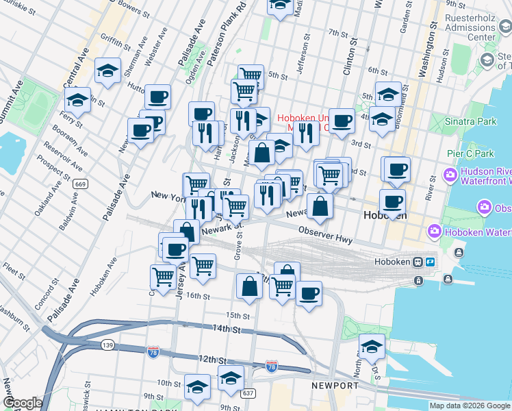 map of restaurants, bars, coffee shops, grocery stores, and more near 551 Observer Highway in Hoboken