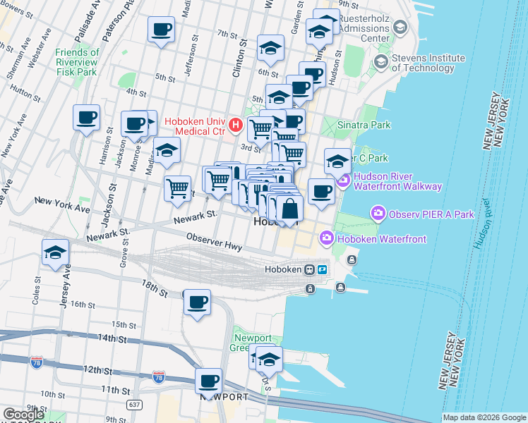 map of restaurants, bars, coffee shops, grocery stores, and more near 163 Newark Street in Hoboken