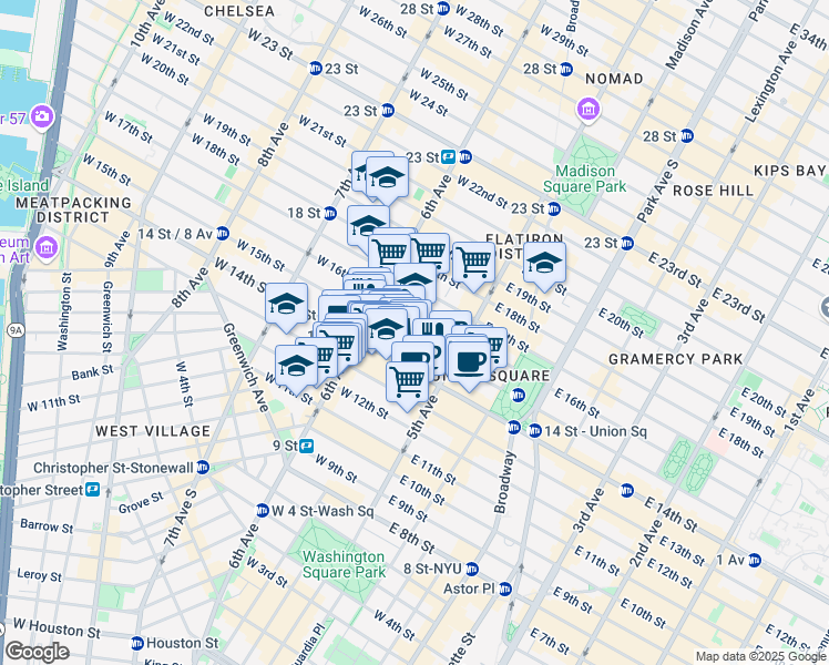 map of restaurants, bars, coffee shops, grocery stores, and more near 35 West 15th Street in New York