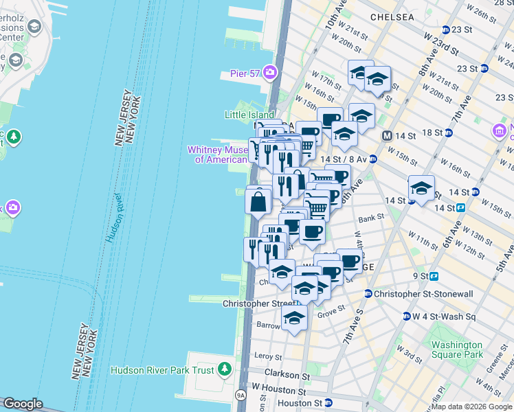 map of restaurants, bars, coffee shops, grocery stores, and more near West St & W 12th St in New York