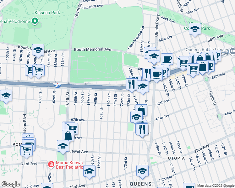 map of restaurants, bars, coffee shops, grocery stores, and more near 6115 171st Street in Queens