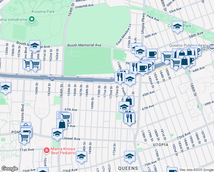 map of restaurants, bars, coffee shops, grocery stores, and more near 61-38 171st Street in Queens