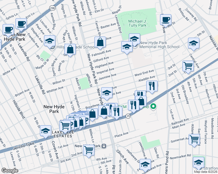 map of restaurants, bars, coffee shops, grocery stores, and more near 1520 Lowell Avenue in New Hyde Park