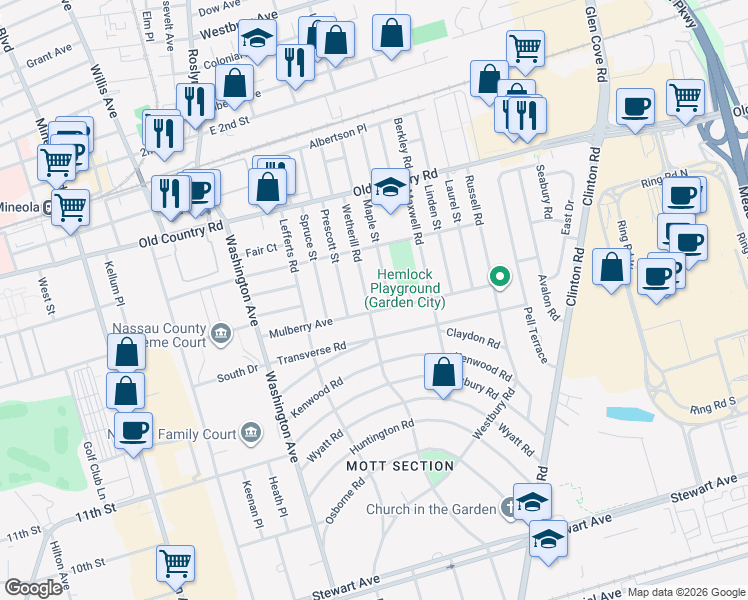 map of restaurants, bars, coffee shops, grocery stores, and more near 53 Mulberry Avenue in Garden City