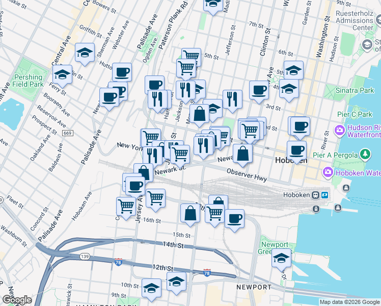 map of restaurants, bars, coffee shops, grocery stores, and more near 551 Observer Highway in Hoboken