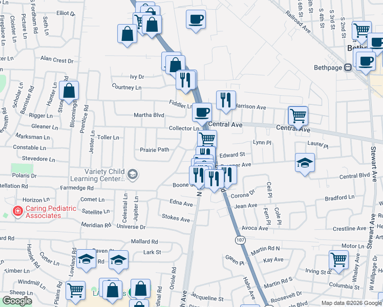 map of restaurants, bars, coffee shops, grocery stores, and more near 11 Bryant Street in Bethpage
