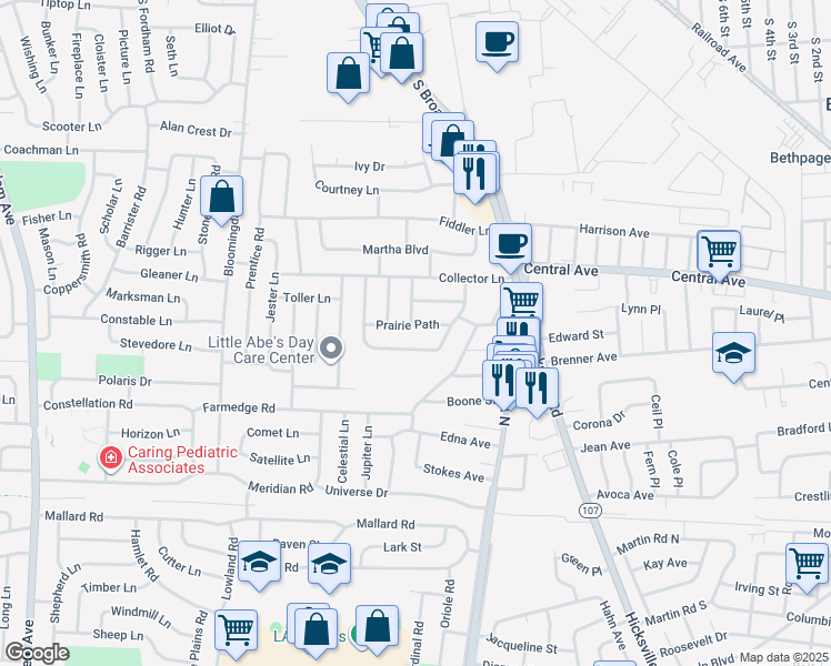 map of restaurants, bars, coffee shops, grocery stores, and more near 3650 Farm Ranch Road South in Bethpage