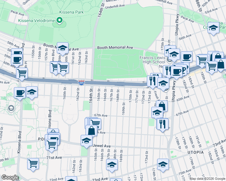 map of restaurants, bars, coffee shops, grocery stores, and more near 61-23 167th Street in Queens
