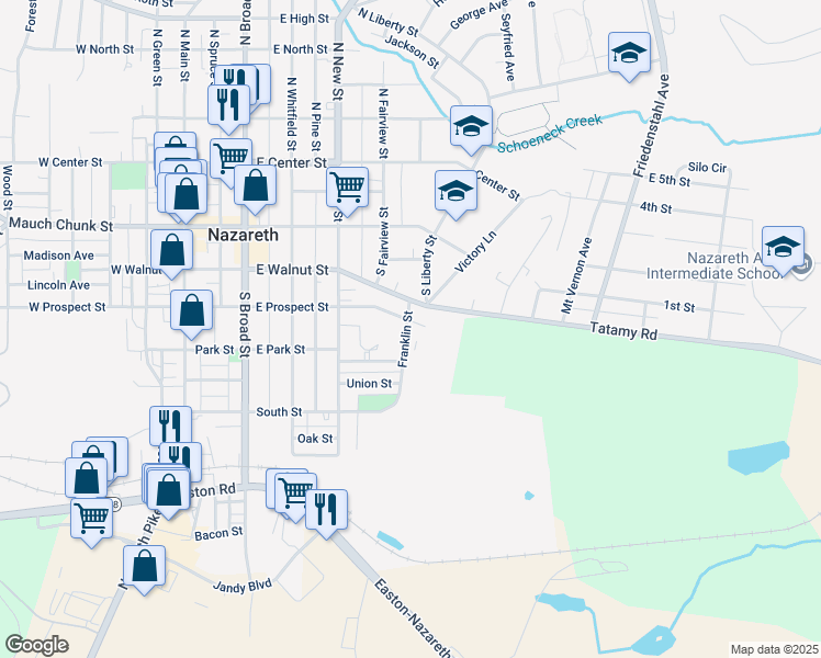map of restaurants, bars, coffee shops, grocery stores, and more near 400 East Prospect Street in Nazareth