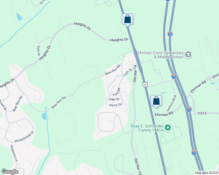 map of restaurants, bars, coffee shops, grocery stores, and more near 113 York Road in Cranberry Township