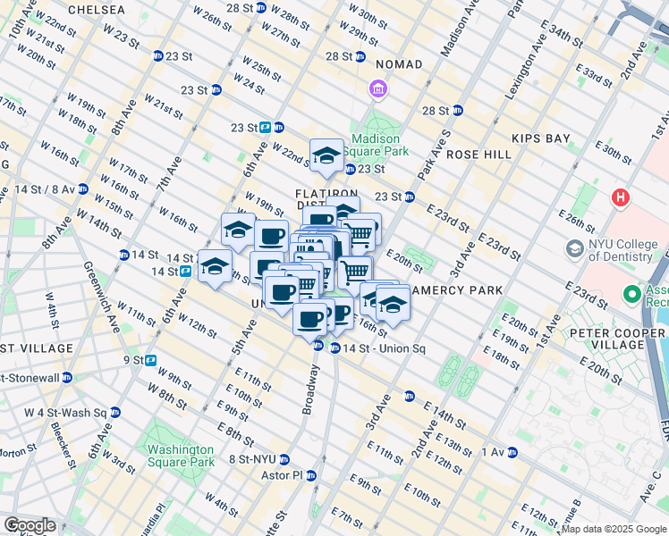 map of restaurants, bars, coffee shops, grocery stores, and more near 18 East 16th Street in New York