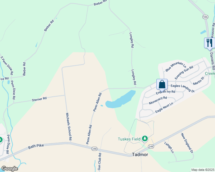 map of restaurants, bars, coffee shops, grocery stores, and more near 3181 Penn Allen Road in Nazareth