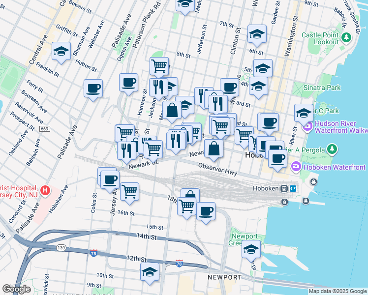 map of restaurants, bars, coffee shops, grocery stores, and more near 70 Adams Street in Hoboken