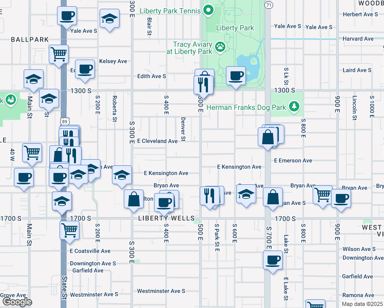 map of restaurants, bars, coffee shops, grocery stores, and more near 469 East Emerson Avenue in Salt Lake City