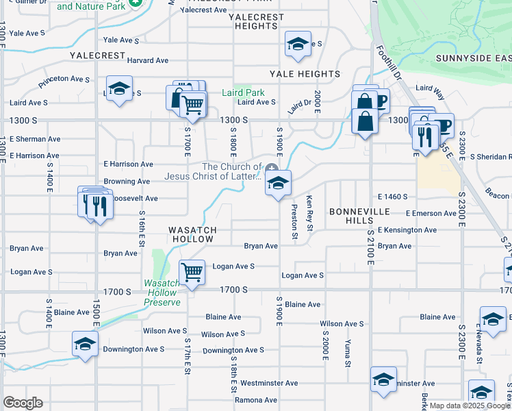 map of restaurants, bars, coffee shops, grocery stores, and more near 1831 Kensington Avenue in Salt Lake City