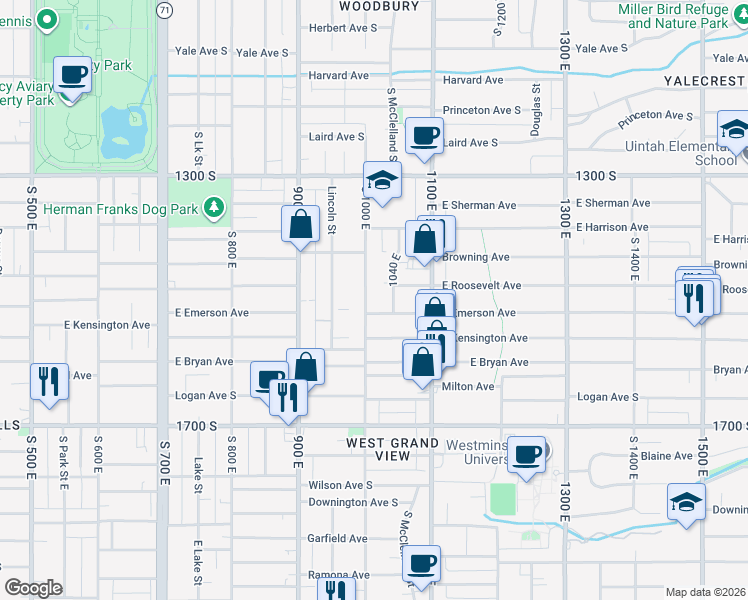map of restaurants, bars, coffee shops, grocery stores, and more near 1500 South 1000 East in Salt Lake City