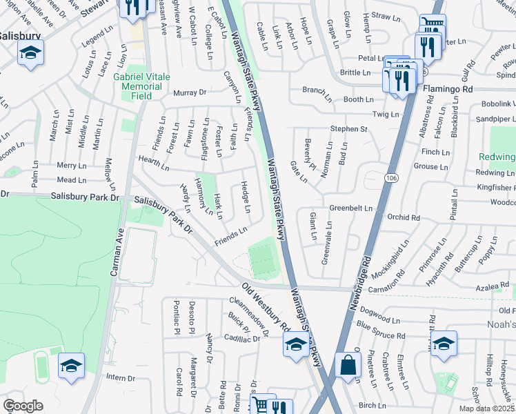 map of restaurants, bars, coffee shops, grocery stores, and more near 216 Friends Lane in Westbury