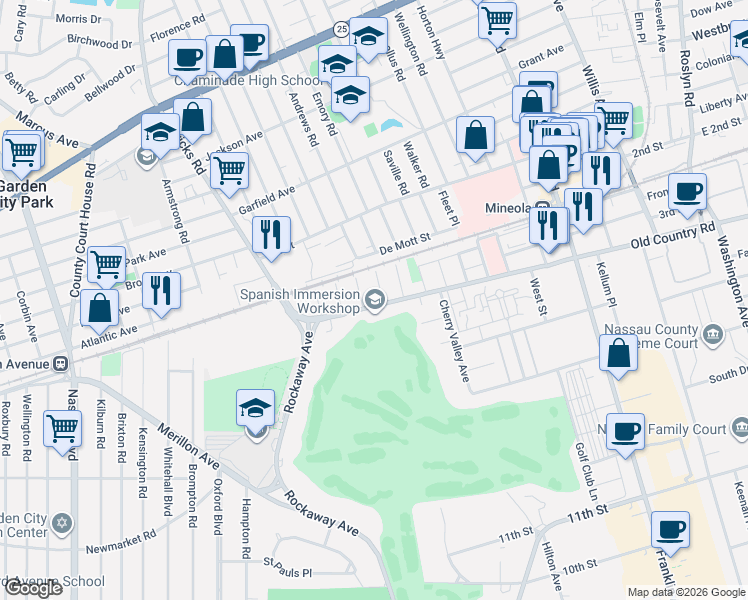 map of restaurants, bars, coffee shops, grocery stores, and more near 28 Old Country Road in Mineola