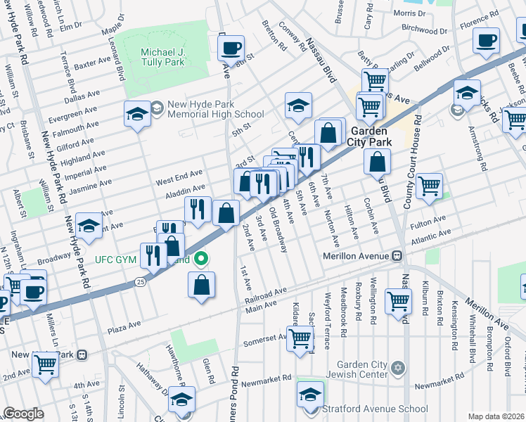 map of restaurants, bars, coffee shops, grocery stores, and more near 10 3rd Avenue in New Hyde Park