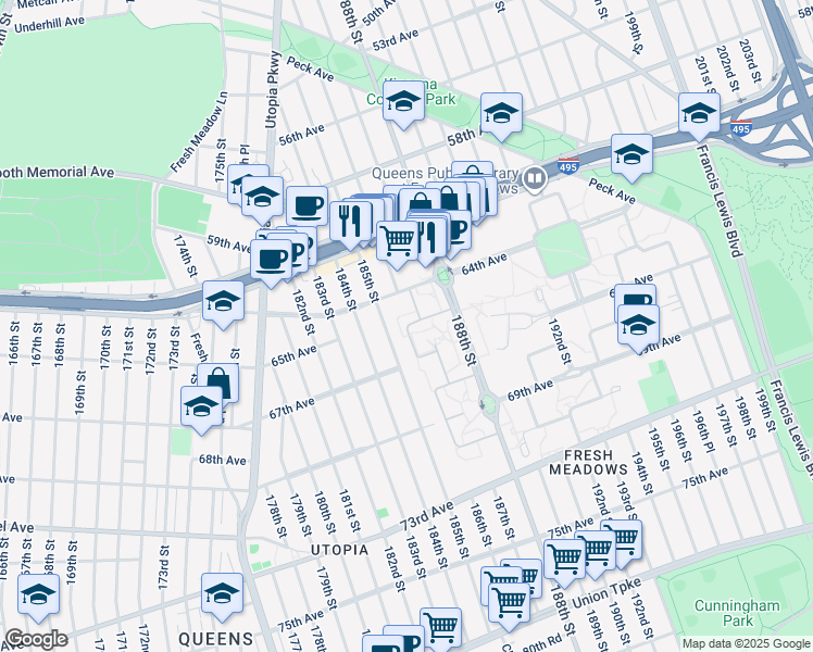 map of restaurants, bars, coffee shops, grocery stores, and more near 64-50 185th Street in Queens