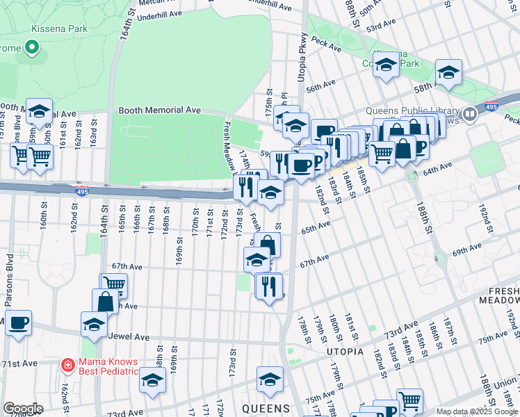 map of restaurants, bars, coffee shops, grocery stores, and more near 61-43 Fresh Meadow Lane in Queens