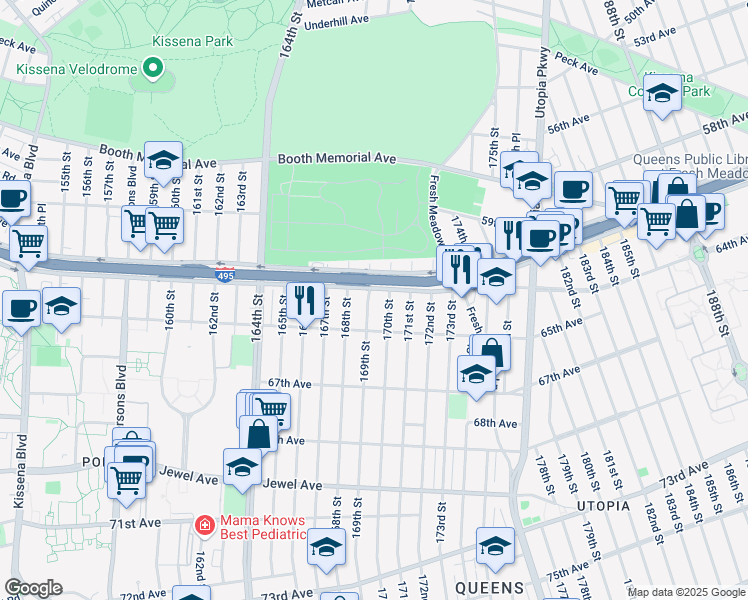 map of restaurants, bars, coffee shops, grocery stores, and more near 61-43 169th Street in Queens