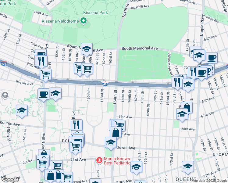 map of restaurants, bars, coffee shops, grocery stores, and more near 61-49 164th Street in Queens