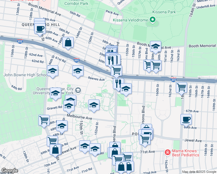 map of restaurants, bars, coffee shops, grocery stores, and more near in Queens