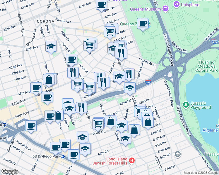 map of restaurants, bars, coffee shops, grocery stores, and more near 102-23 Horace Harding Expressway in Queens