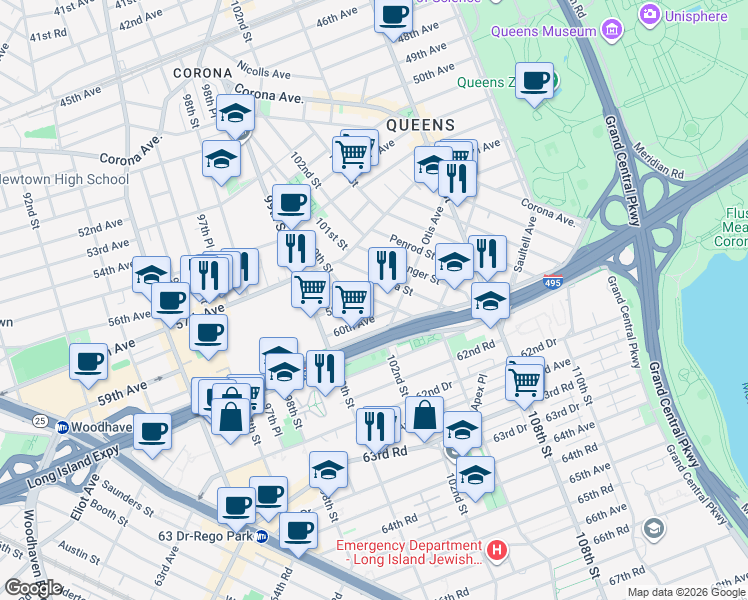 map of restaurants, bars, coffee shops, grocery stores, and more near 45 60th Avenue in Queens