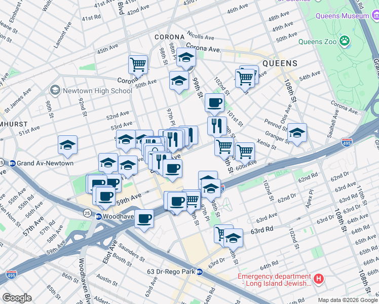 map of restaurants, bars, coffee shops, grocery stores, and more near 97-20 57th Avenue in Queens