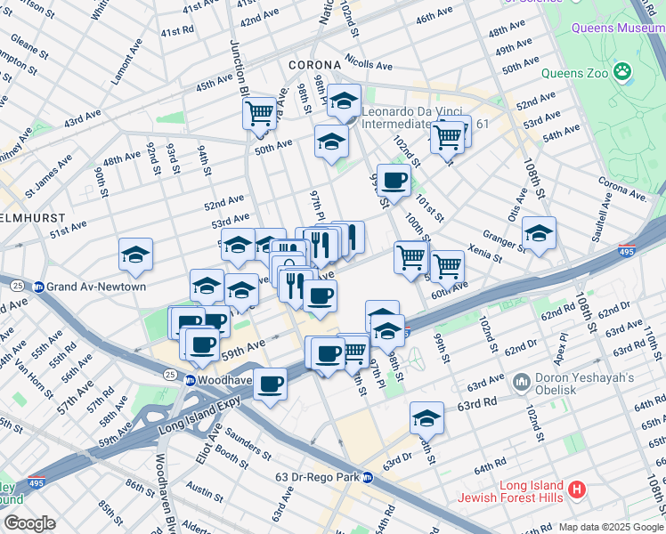 map of restaurants, bars, coffee shops, grocery stores, and more near 97-20 57th Avenue in Queens