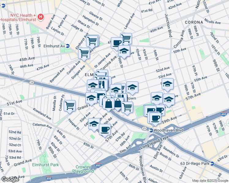 map of restaurants, bars, coffee shops, grocery stores, and more near 88-10 54th Avenue in Queens