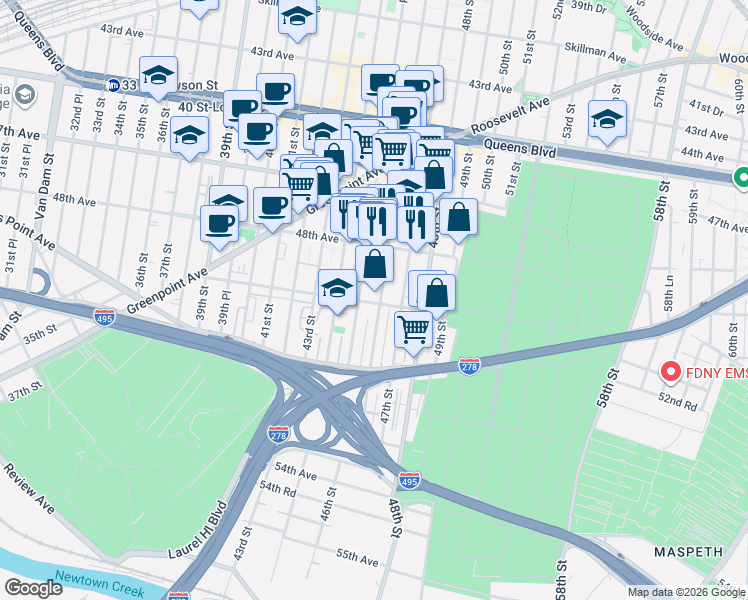 map of restaurants, bars, coffee shops, grocery stores, and more near 50-12 46th Street in Queens
