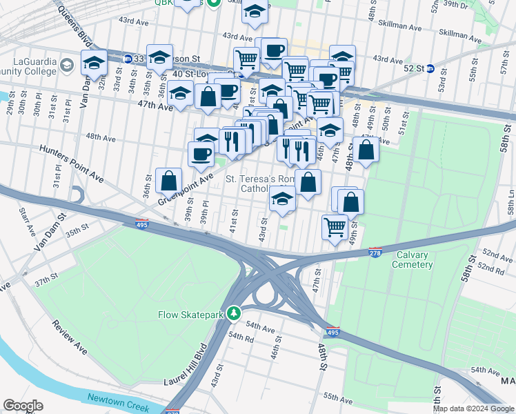 map of restaurants, bars, coffee shops, grocery stores, and more near 50-24 43rd Street in Queens