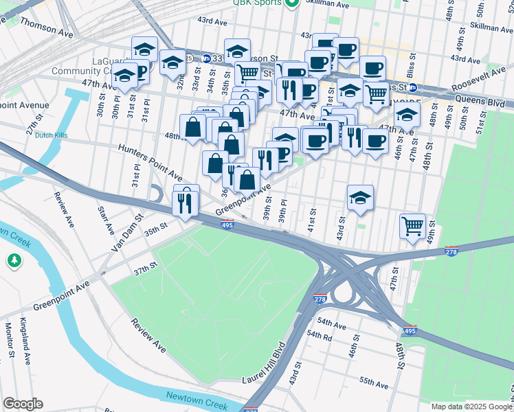 map of restaurants, bars, coffee shops, grocery stores, and more near 50-43 39th Street in Queens