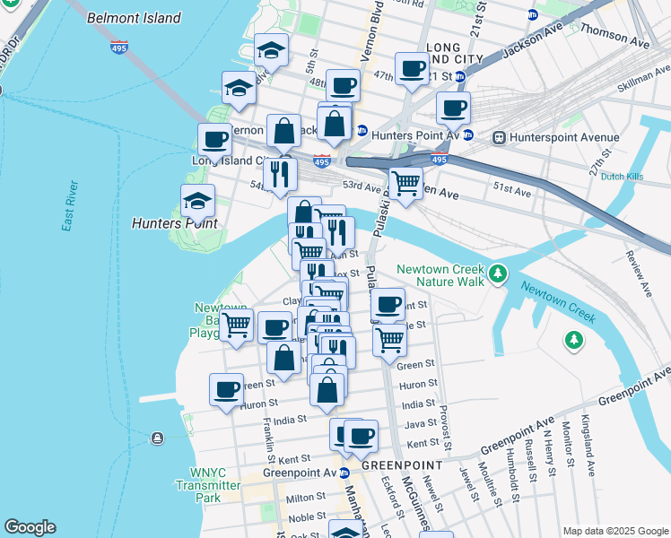 map of restaurants, bars, coffee shops, grocery stores, and more near 52 Box Street in Brooklyn