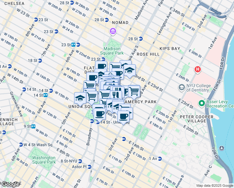 map of restaurants, bars, coffee shops, grocery stores, and more near 117 East 18th Street in New York