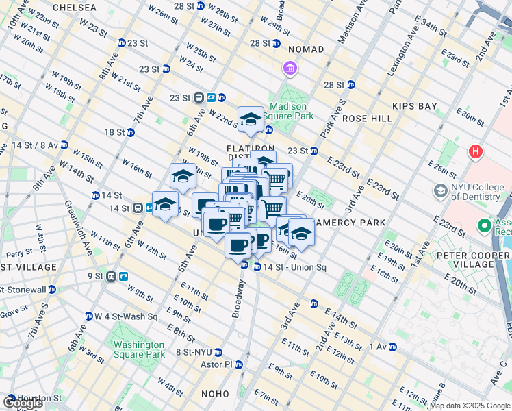 map of restaurants, bars, coffee shops, grocery stores, and more near 18 East 16th Street in New York
