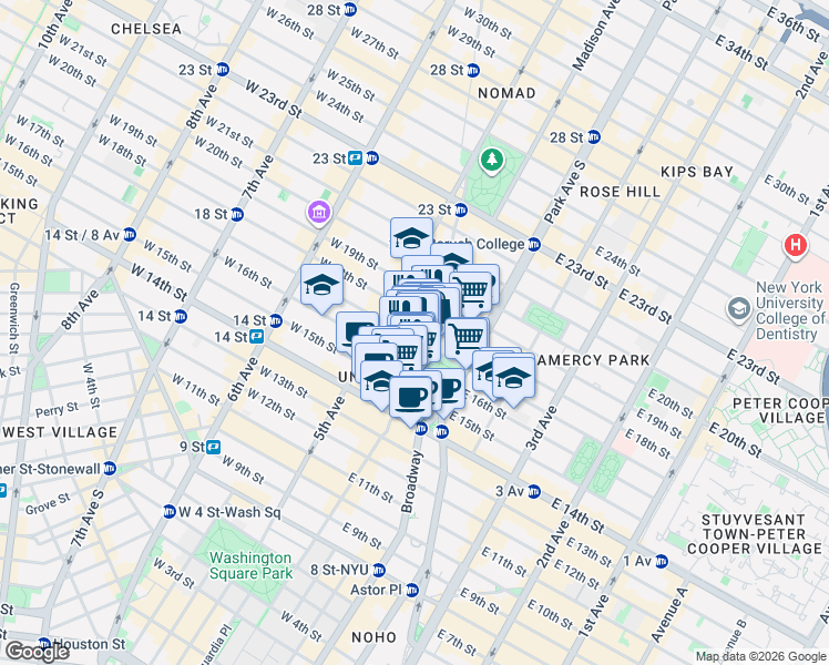 map of restaurants, bars, coffee shops, grocery stores, and more near 18 East 16th Street in New York